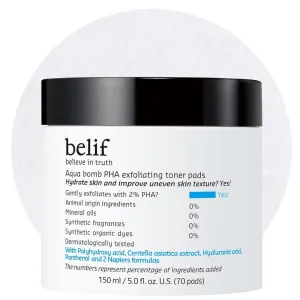 belif PHA 2% Toner Pads – Gentle Exfoliating Facial Polish for Pore Care, Hydrating & Soothing with Panthenol & CICA, Double-Sided Texture, Ideal for Sensitive Skin, Korean Skincare (70 Pads)