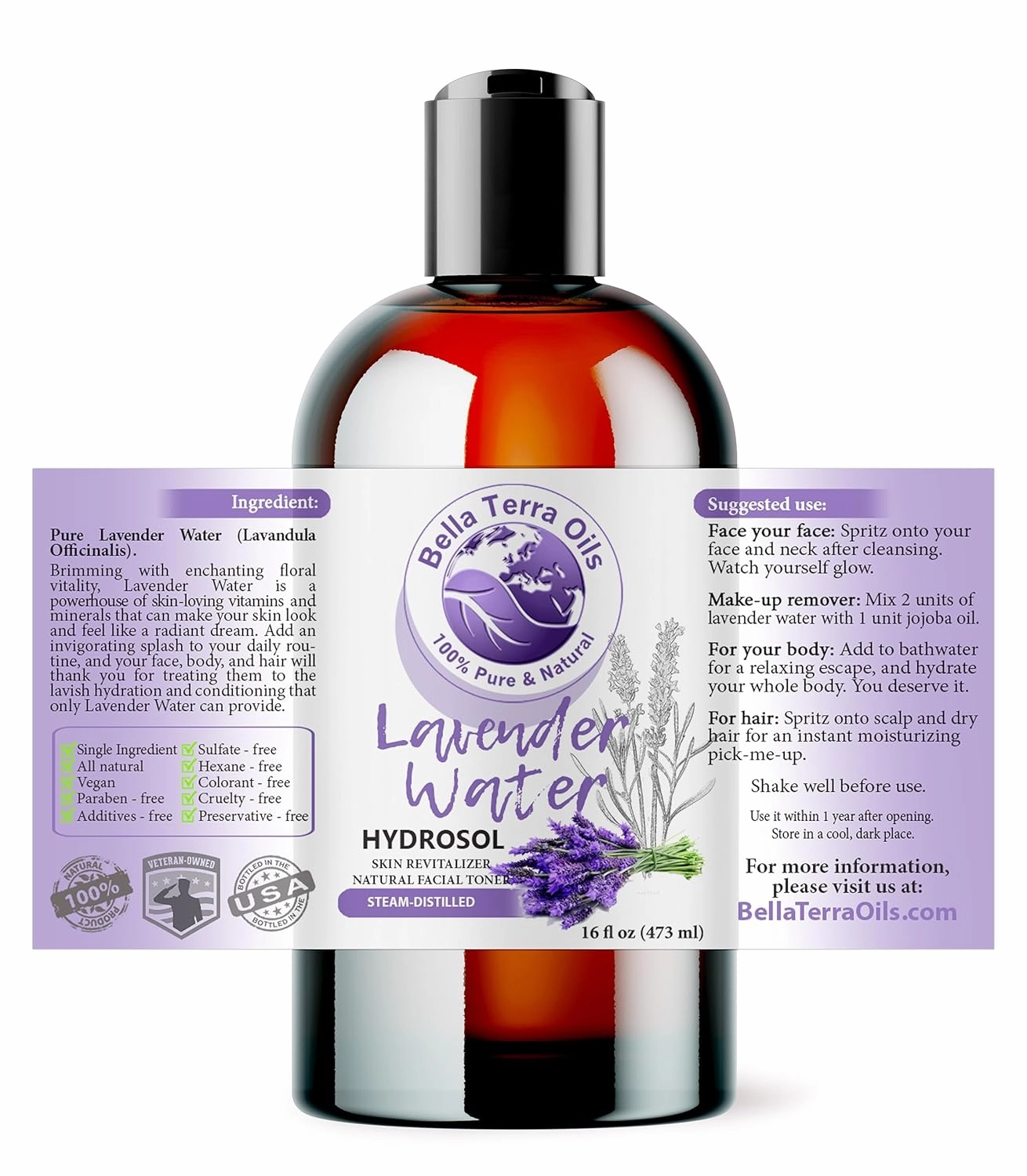 Bella Terra Oils - Hydrosol Water 16oz - Luxurious Lavender Organic Lavender Water, Packed with Essential Minerals & Amino Acids, Ultimate Skin Quencher