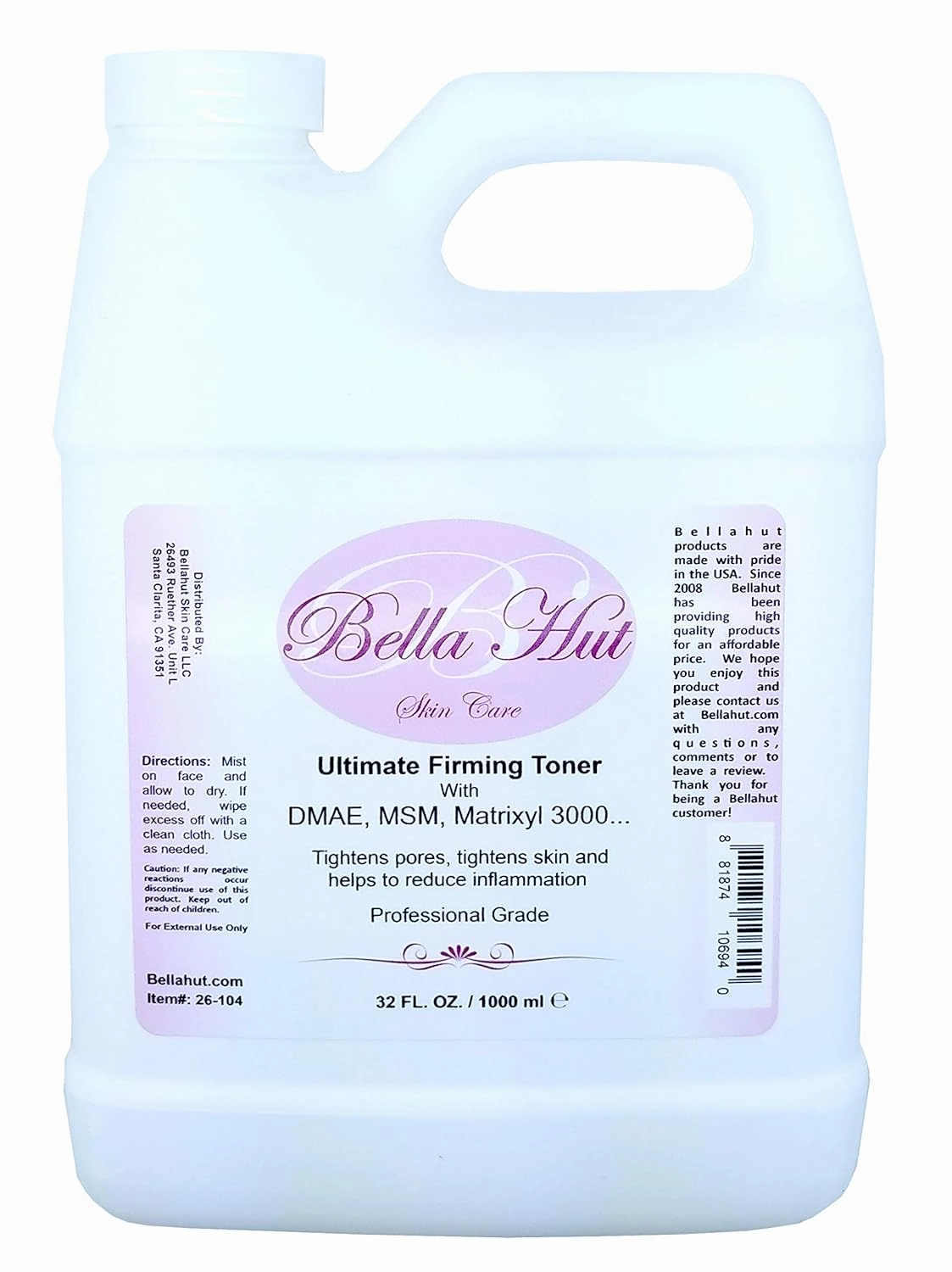 Bellahut Ultimate DMAE & MSM Toner with DMAE, MSM, HYALURONIC Acid & MATRIXL 3000, Tightens pores, Helps Reduce Inflammation, restores PH Balance & tightens Skin (32 Ounce)