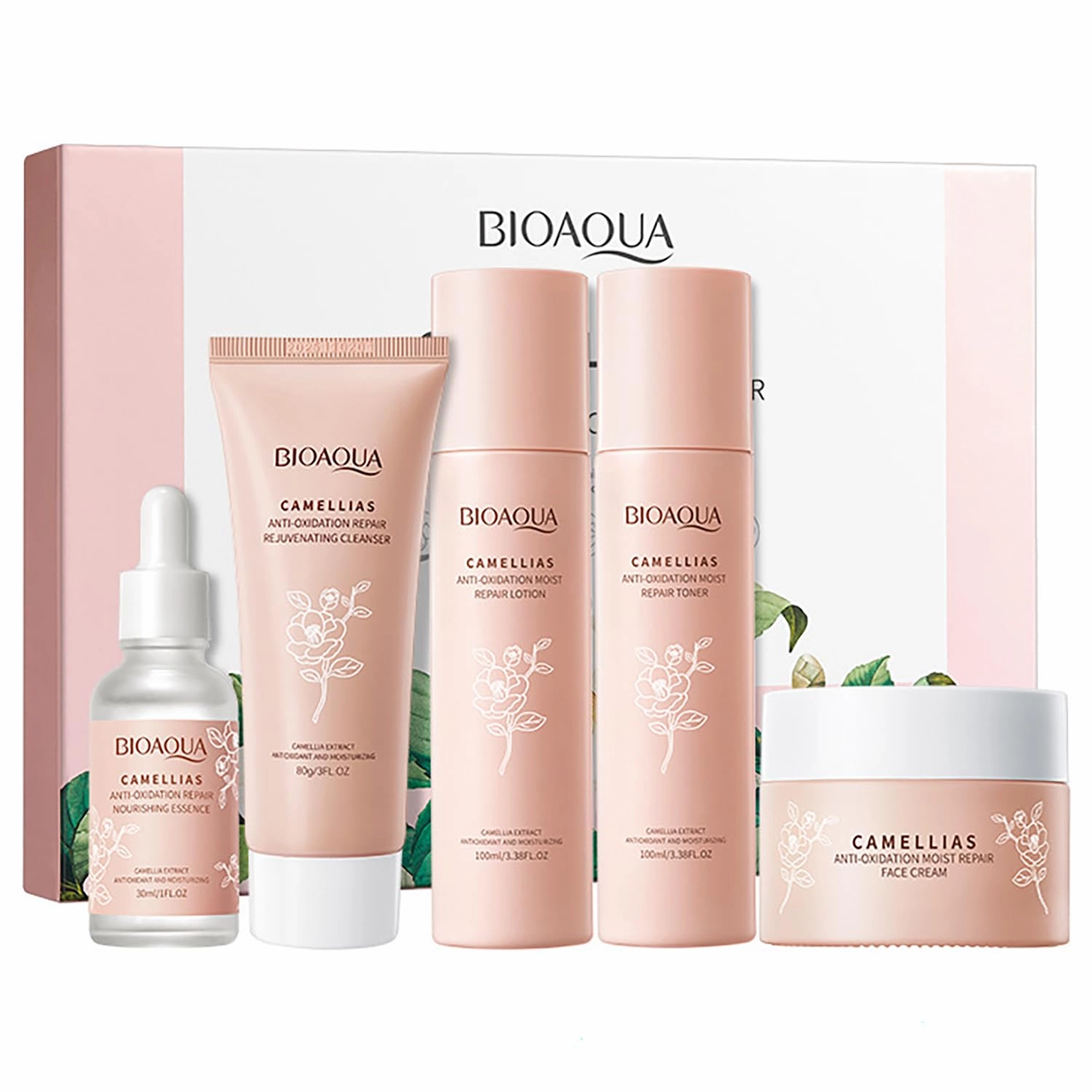 BIOAQUA Camellias Anti-Oxidation Moist Repair Toner Essence Face Cream Cleanser Lotion Camelia Flower Extract Serum Nourishing Emollient Moisturizing Skin Gift Box 100ml 30ml 50g 80g 100ml 5PCS Set