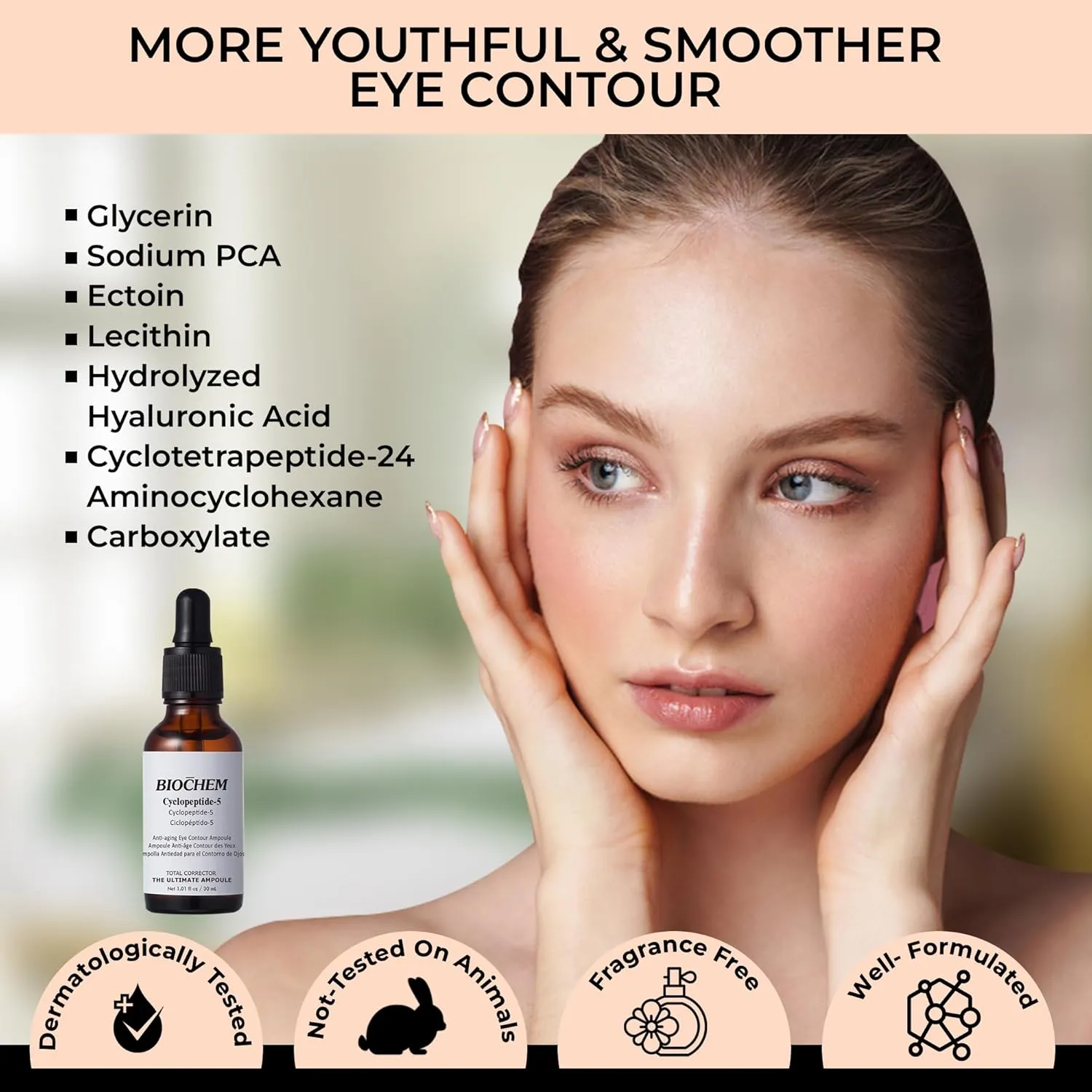 BIOCHEM Cyclopeptide-5 Anti-Aging Eye Contour Ampoule – Firming & Hydrating Serum with Hyaluronic Acid, Under-Eye Treatment, Reduces Bags, Fine Lines & Crow’s Feet – 1.01 fl. oz / 30 mL