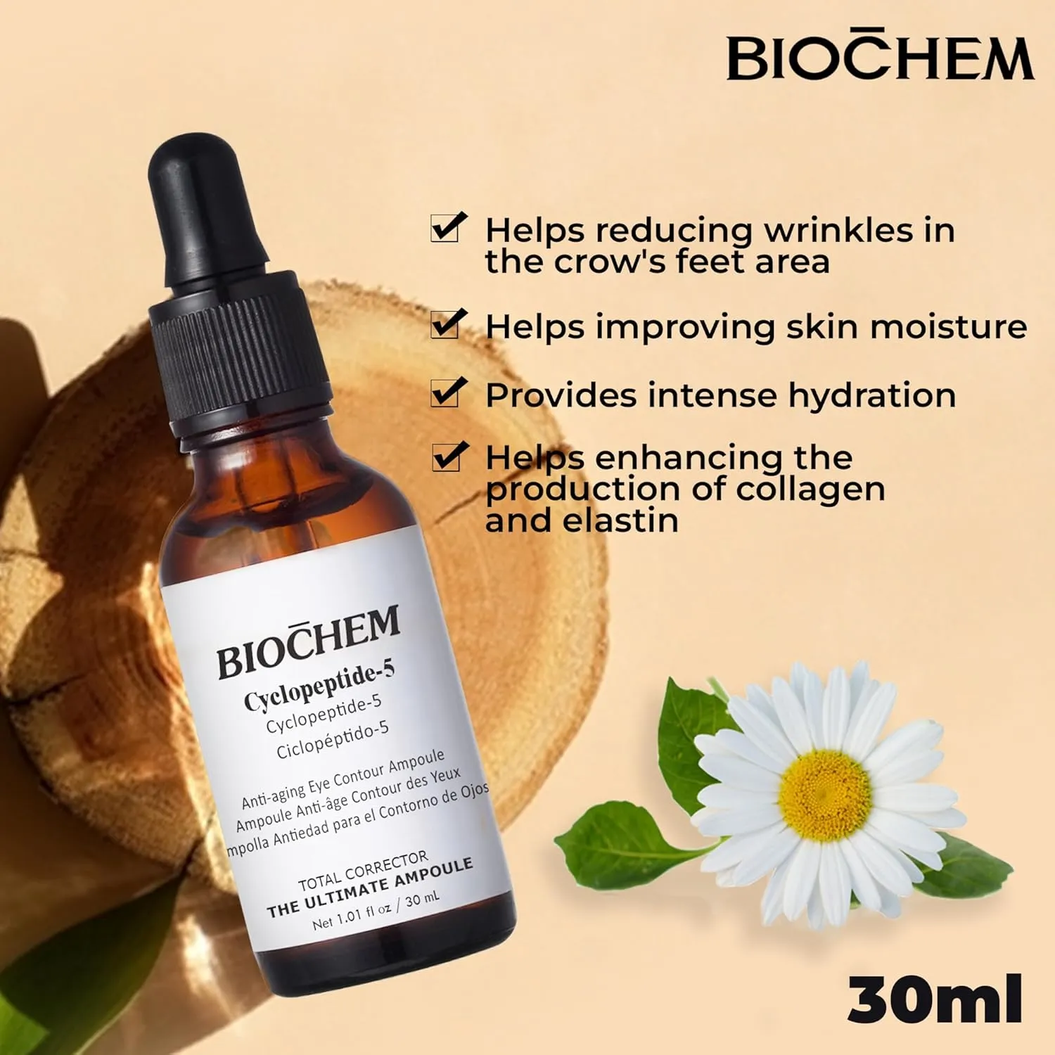BIOCHEM Cyclopeptide-5 Anti-Aging Eye Contour Ampoule – Firming & Hydrating Serum with Hyaluronic Acid, Under-Eye Treatment, Reduces Bags, Fine Lines & Crow’s Feet – 1.01 fl. oz / 30 mL