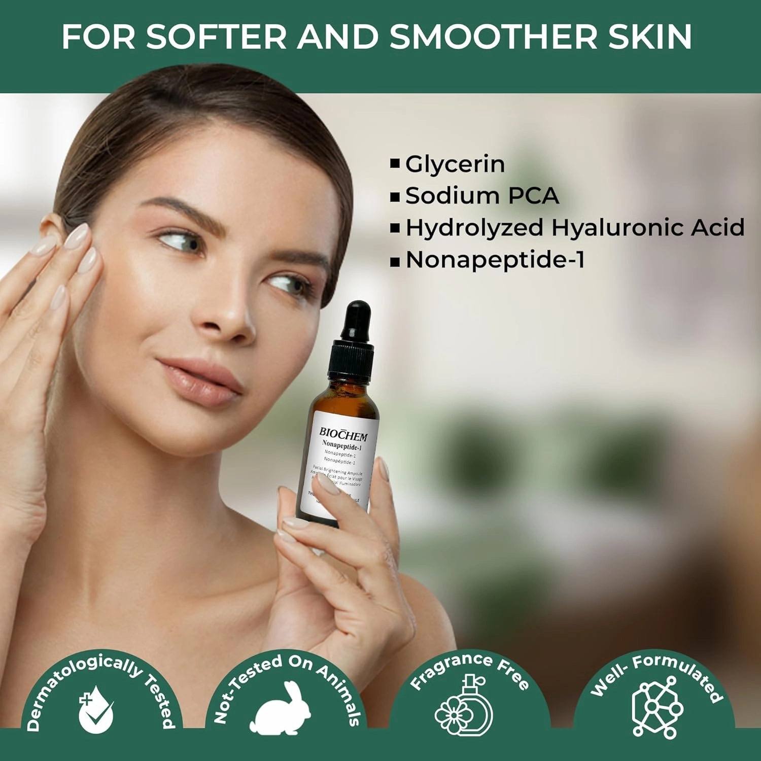 BIOCHEM Nonapeptide-1 Brightening Serum–Dark Spot Corrector & Melanin Inhibitor Ampoule for Even Skin Tone & Natural Glow– Anti-Aging Peptide Treatment for Face & Neck,1.01 fl oz/30 mL