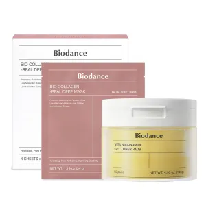 Biodance Radiance & Firming Skincare Duo, Vita Niacinamide Gel Toner Pads and Bio-Collagen Real Deep Hydrogel Mask, Brightening and Pore-Minimizing Care for Dull and Sensitive Skin, 60 Pads   4 Masks