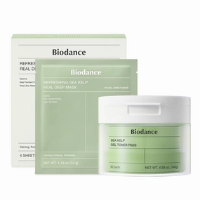 BIODANCE Sea Kelp Day & Night Gel Duo: Sea Kelp Hydrogel Mask & Sea Kelp Gel Toner Pads, Calming & Soothing, Sebum Control for Sensitive Skin, Oily Skin, 4 Masks   60 Pads