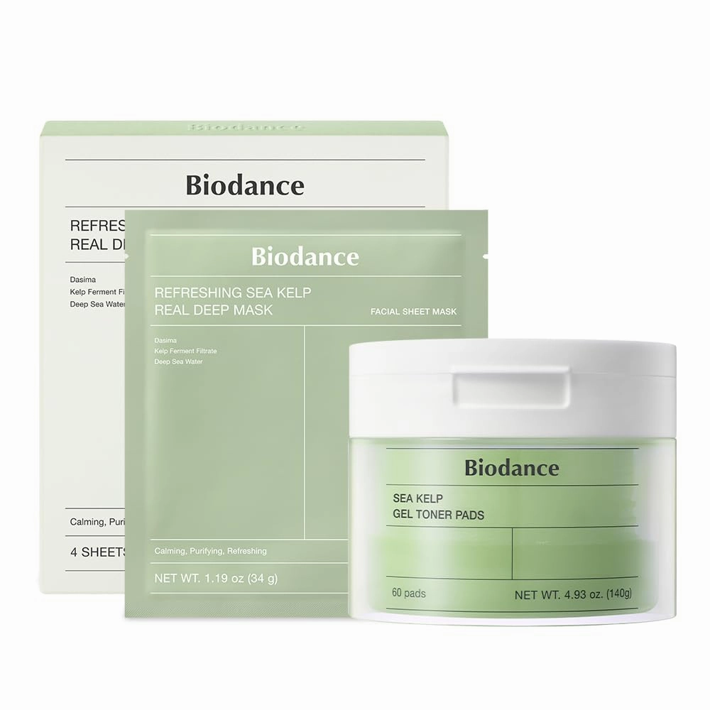BIODANCE Sea Kelp Day & Night Gel Duo: Sea Kelp Hydrogel Mask & Sea Kelp Gel Toner Pads, Calming & Soothing, Sebum Control for Sensitive Skin, Oily Skin, 4 Masks   60 Pads