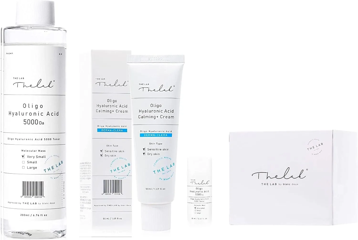 Blanc Doux Oligo Hyaluronic Acid 5000 Toner - 6.76 fl.oz. with Cotton Pads  Oligo Hyaluronic Acid Calming Cream 1.69 fl. oz. - Vegan Certified - Greatly Moisturizing Cream for Sensitive, Dry Skin