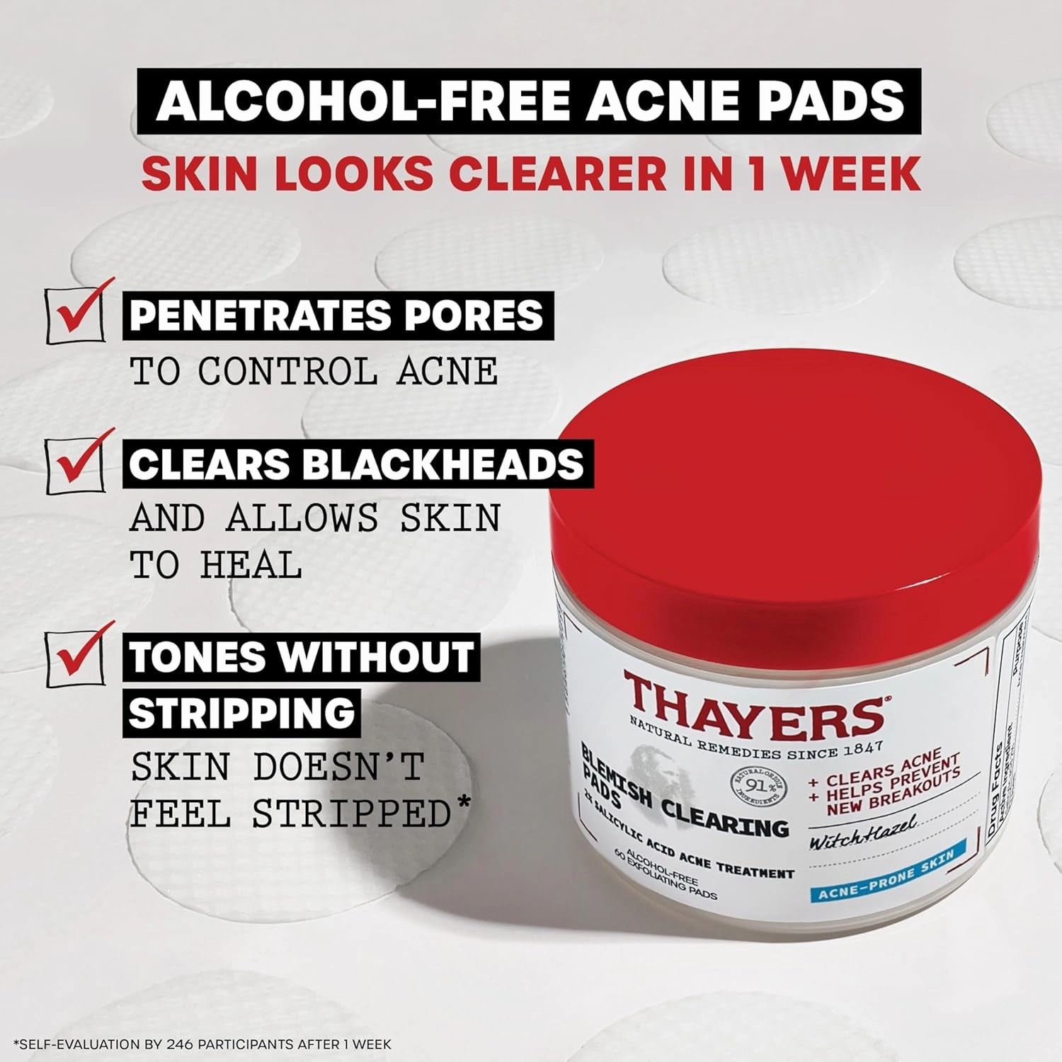 Blemish Clearing Acne Pads, Salicylic Acid Acne Treatment for Face, Pore Reducing, Exfoliating, and Soothing Skincare, Witch Hazel Toner Pads, 60 Ct
