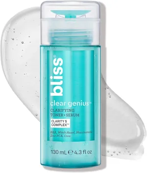 Bliss Clear Genius Clarifying Toner   Serum - 4.3 Fl Oz - Purifies Pores, Tones, Calms & Clears Skin - Salicylic Acid, Niacinamide & Witch Hazel - Clean Paraben Free - Vegan & Cruelty-Free