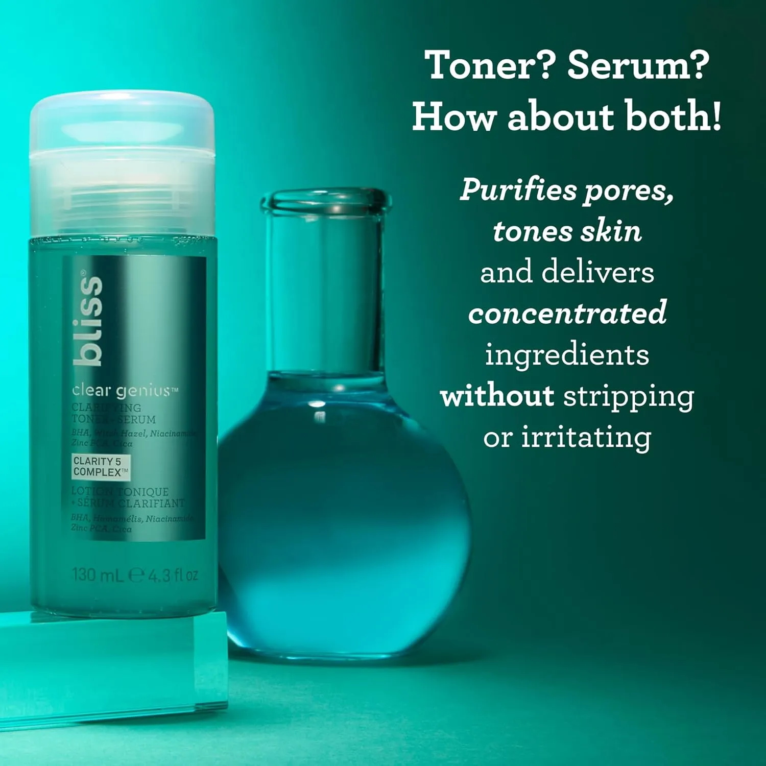 Bliss Clear Genius Clarifying Toner   Serum - 4.3 Fl Oz - Purifies Pores, Tones, Calms & Clears Skin - Salicylic Acid, Niacinamide & Witch Hazel - Clean Paraben Free - Vegan & Cruelty-Free