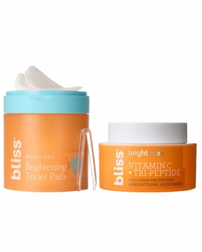 Bliss Bright Idea Vitamin C Toner Pads & Vitamin C   Tri-Peptide Brightening Serum Duo– Antioxidant Skincare Bundle for Radiant Skin – Targets Dark Spots, Uneven Texture, and Dullness – Clean, Vegan,