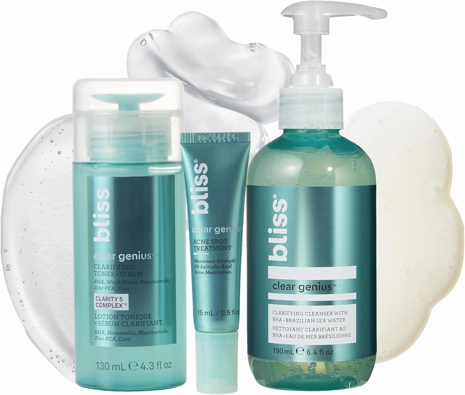 Bliss Clear Genius Trio: Clarifying Toner   Serum, Cleanser and Spot Treatment - Pore Purifying, Removed Excess Dirt & Oils - Clean, Cruelty-Free Skin Care