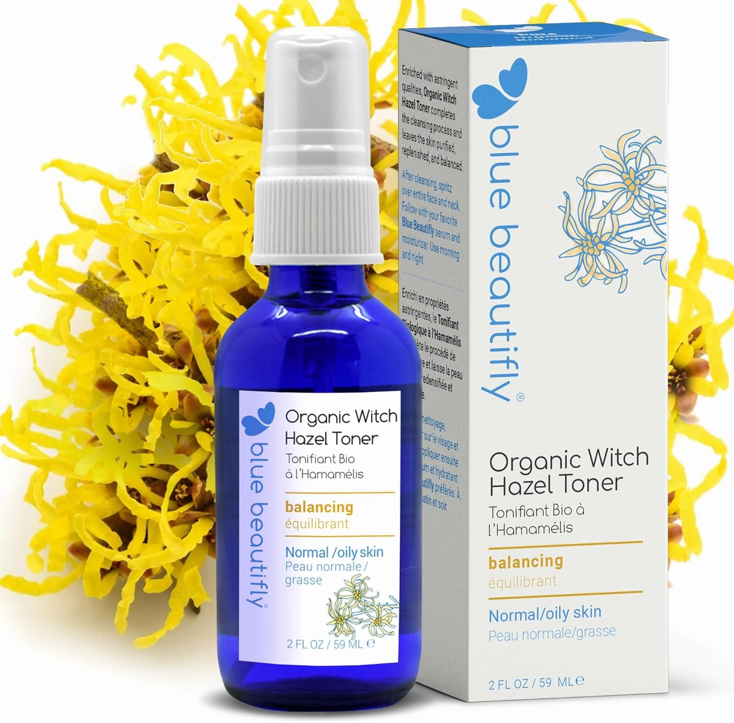 Blue Beautifly USDA Certified Organic Witch Hazel Toner for Face - Purifies Pores & Balances Sebum - with Skin-Soothing Lavender Hydrosol - Double Distilled & Undiluted for Maximum Potency - 2 fl oz