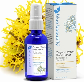 Blue Beautifly USDA Certified Organic Witch Hazel Toner for Face - Purifies Pores & Balances Sebum - with Skin-Soothing Lavender Hydrosol - Double Distilled & Undiluted for Maximum Potency - 2 fl oz