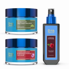 Blue Nectar Kumkumadi Day Face Cream, Saffron Face Scrub and Rose Face Toner Water (2 * 1.7 Oz 3.4 Fl oz)