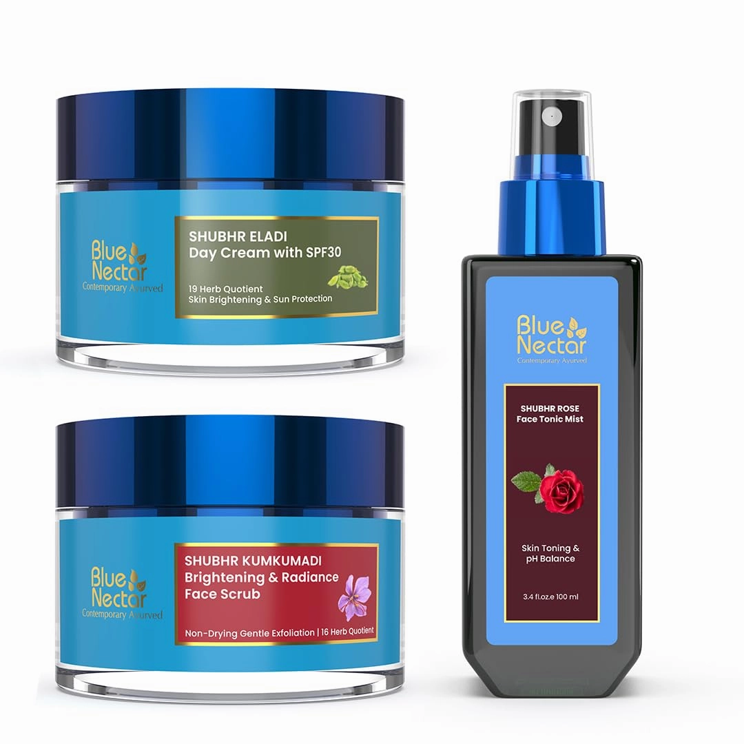 Blue Nectar Kumkumadi Day Face Cream, Saffron Face Scrub and Rose Face Toner Water (2 * 1.7 Oz 3.4 Fl oz)