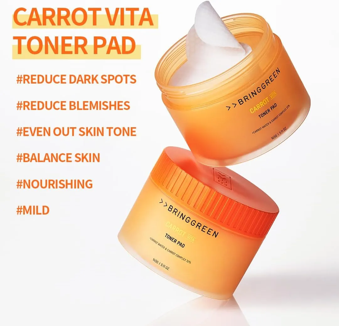 BRING GREEN Carrot Toner Pad | Contains Vitamin and Retinol to Even Out Skin Tone, Reduce Dark Spots for Daily Skincare (60 Count)