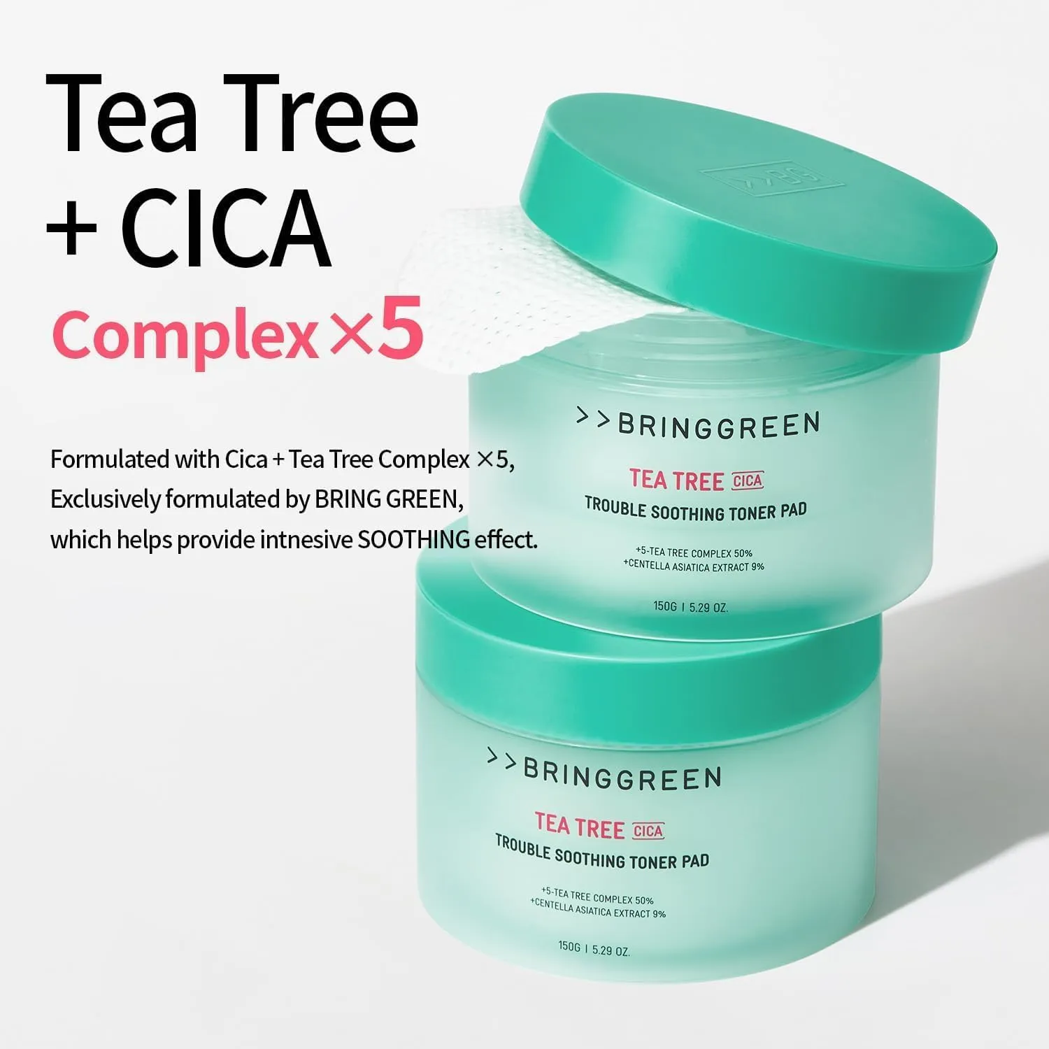 BRING GREEN Tea Tree CICA Soothing Toner PAD | Korean Daily Skincare Routine with Mild Formula, Cooling for Soothing and Hydrationg Effect, Vegan Certified Toner Pads 90 Count, 5.29 Fl. OZ.