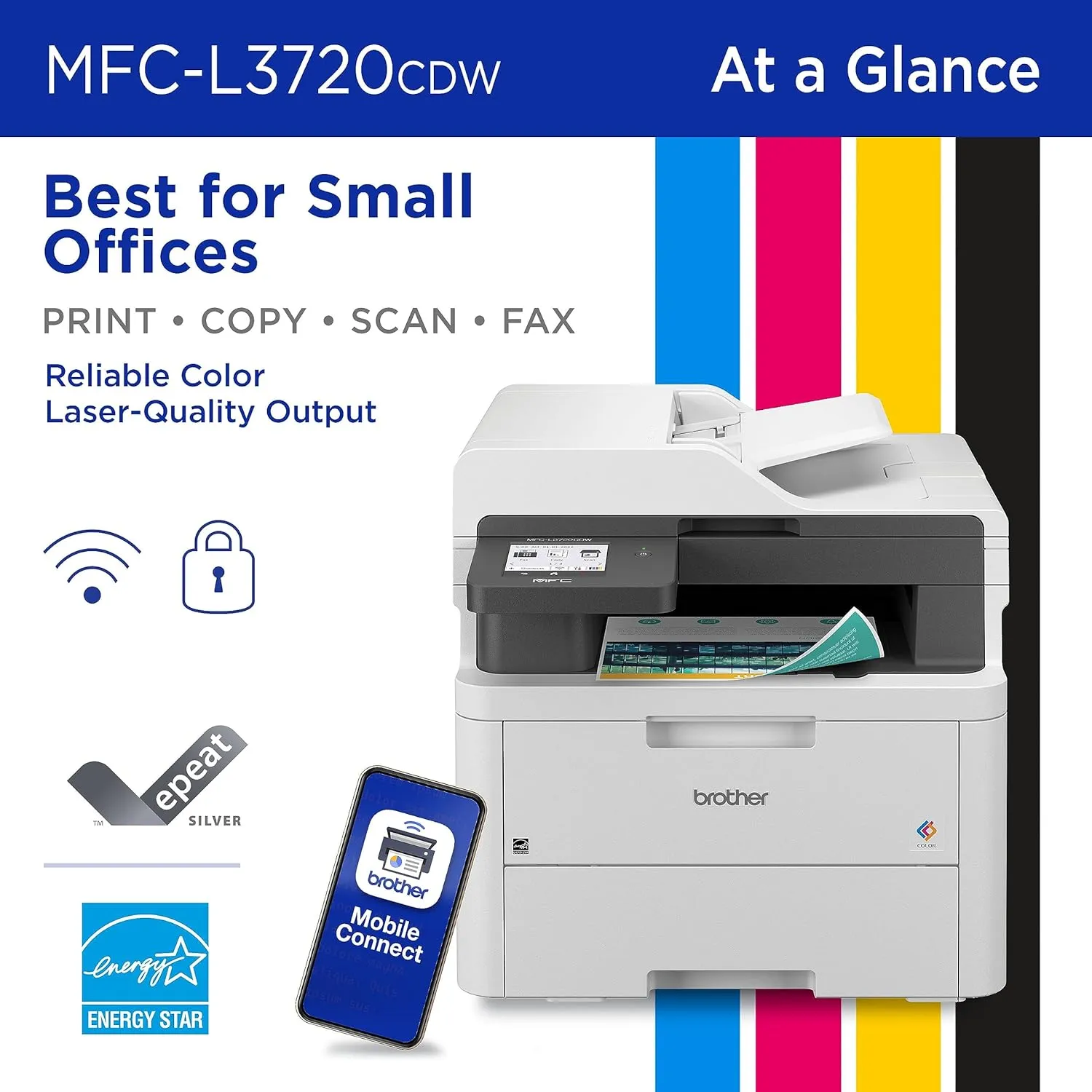 Brother Color Laser Printer All-in-One with Scanner, Copier and Fax - Professional Wireless Business Printer with Auto Duplex and 250-Sheet Capacity for Small Office (MFC-L3720CDW)