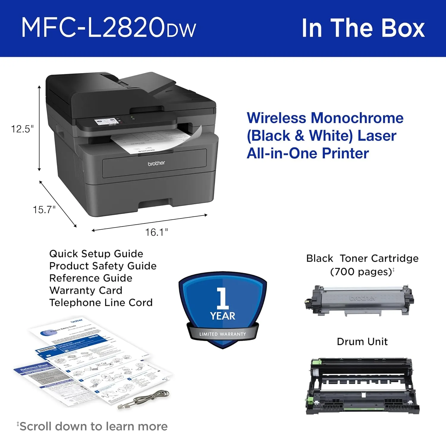 Brother MFC-L2820DW Wireless Compact Monochrome All-in-One Laser Printer with Copy, Scan and Fax, Duplex, Black & White | Includes Refresh Subscription Trial(1), Amazon Dash Replenishment Ready