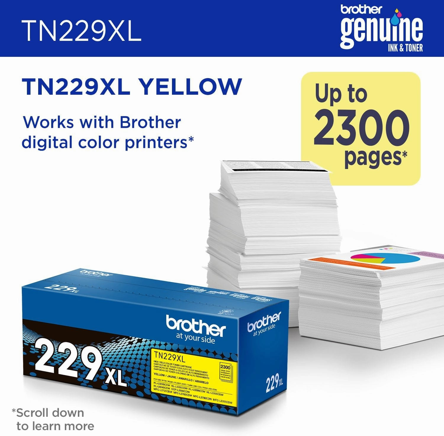 Brother Genuine TN229XLY Yellow High Yield Printer Toner Cartridge - Print up to 2,300 Pages(1)
