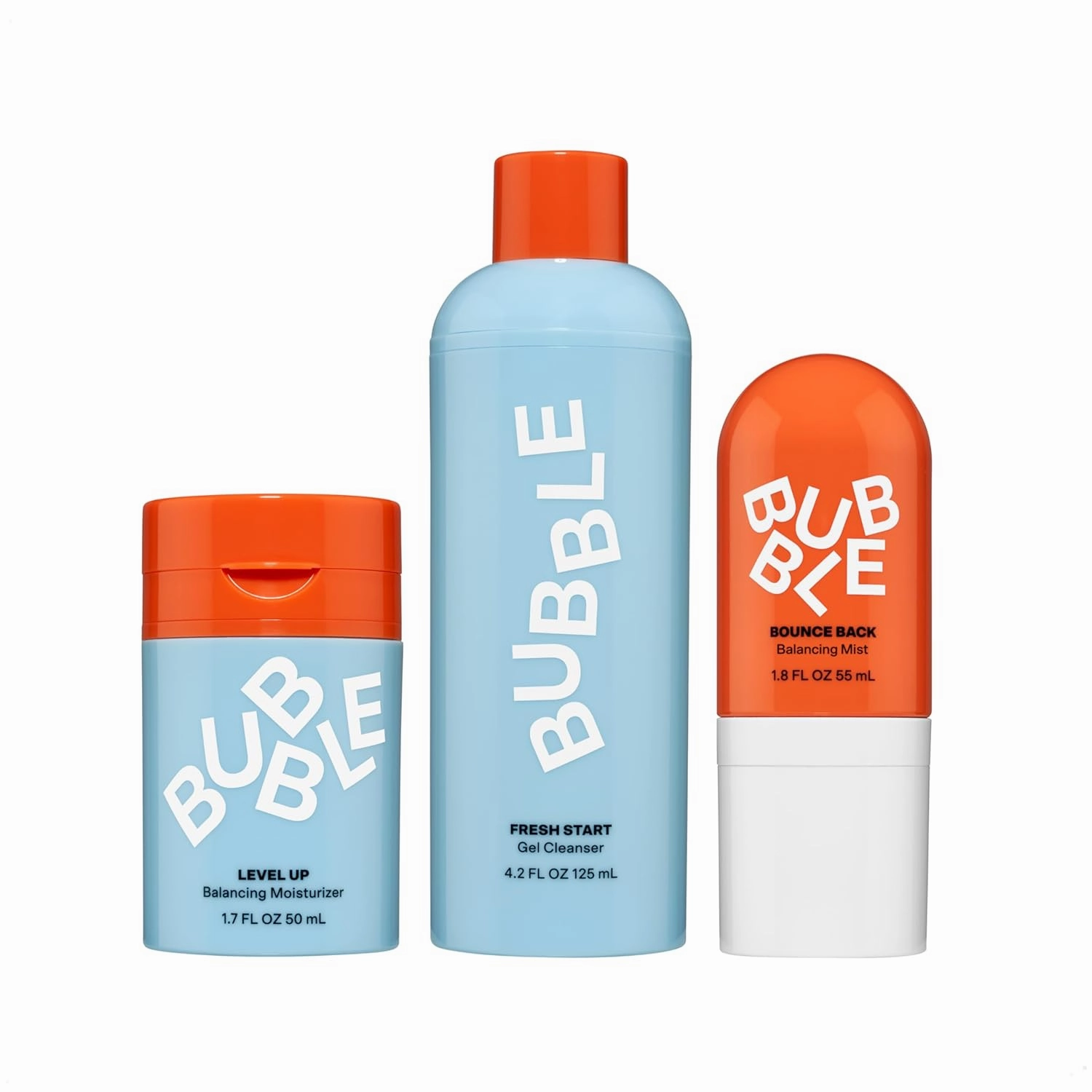 Bubble Skincare Level Up Gel Moisturizer (50ml)   Fresh Start Gel Cleanser (125ml)   Bounce Back Balancing Facial Toner Mist (55ml)