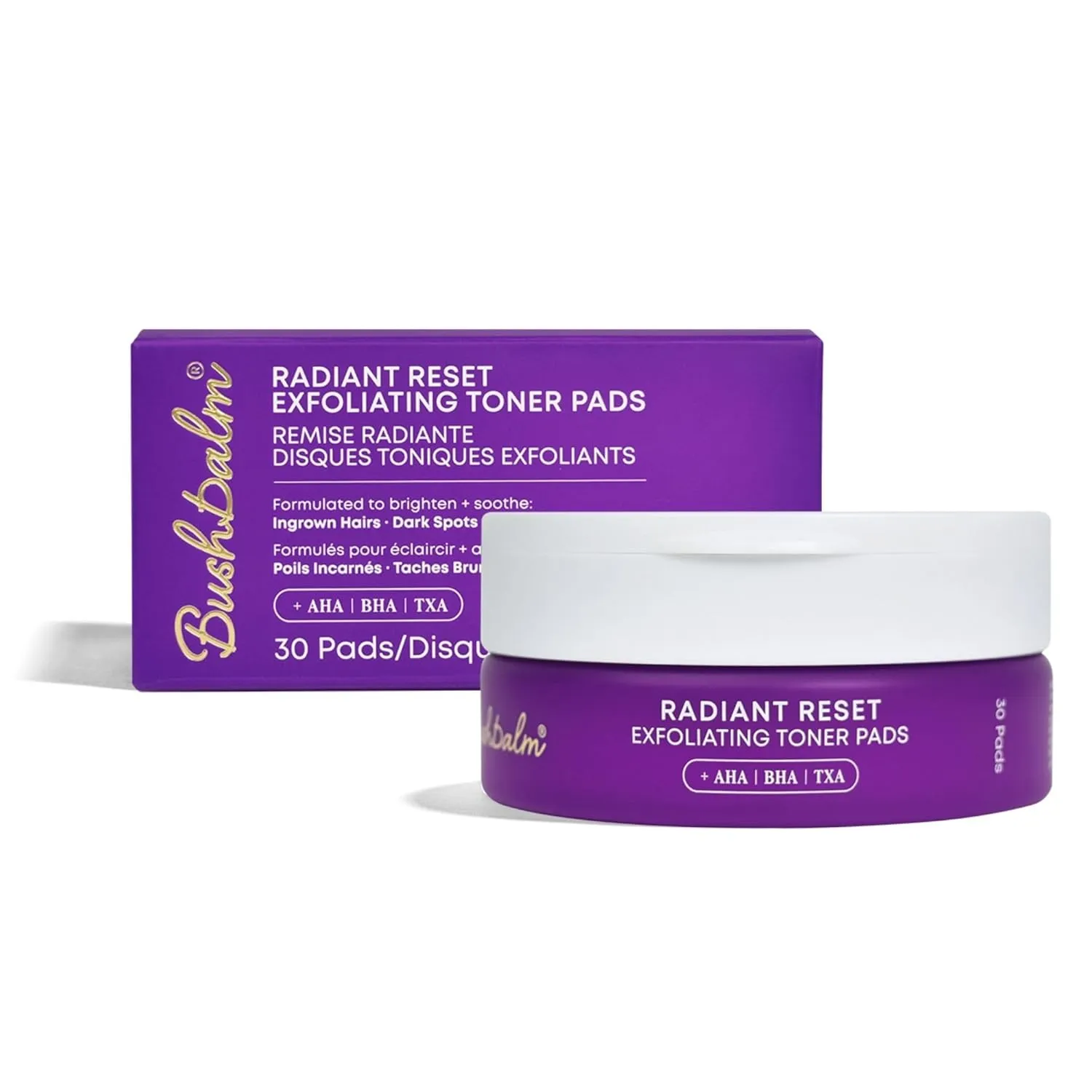 Bushbalm Exfoliating Ingrown Hair Pads - Enhanced with BHA & AHA for Underarm   Bikini Area - Daily Use to Soothe Ingrown Hairs & Razor Bumps - TXA for Dark Spots - Radiant Reset 30 Large Pads