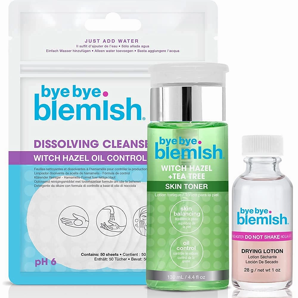 Bye Bye Blemish Skin Balance & Treat Regimen Set, Must-have Skincare Regime, with Acne Drying Lotion, Witch Hazel & Tea Tree Skin Toner and Dissolving Cleanser Sheets, 100% Cruelty-free, Bundle Pack