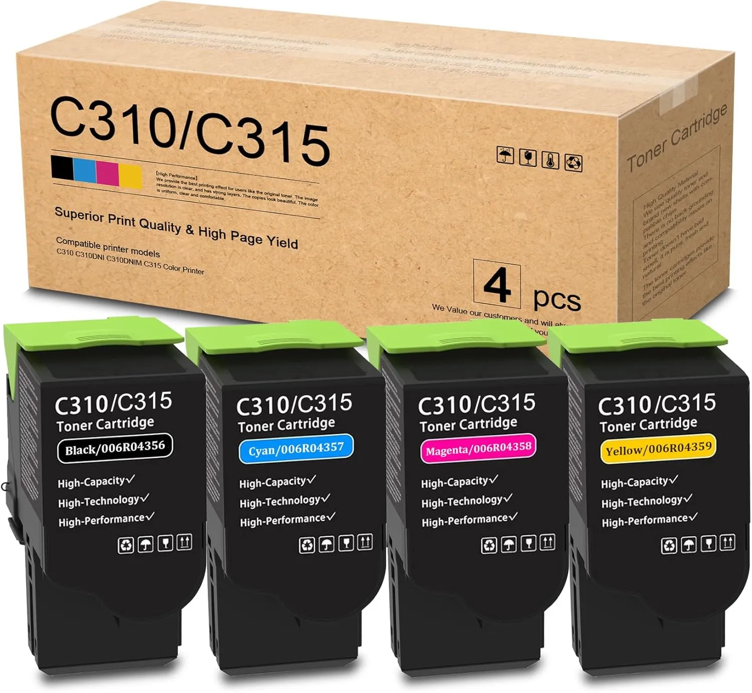 C310 / C315 High Yield Toner Cartridge Set (4-Pack, BK/C/M/Y) - Lovn 006R04364 006R04365 006R04366 006R04367 Toner Cartridge Replacement for Xerox C310 C310DNI C310DNIM C315 Color Printer