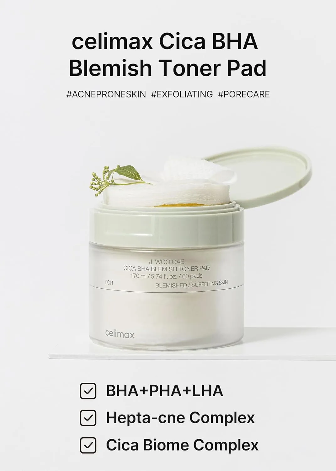 celimax Ji.Woo.Gae CICA BHA Blemish Toner Pad | BHA PHA LHA Complex, Centella Asiatica Extract, Hydrating, Moisturizing, Soothing, Reparing, (60 Pads)
