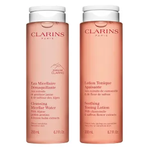Clarins Cleansing Micellar Water and Soothing Toning Lotion Bundle | Alcohol-Free Toner for Very Dry or Sensitive Skin | No Rinse Cleanser for All Skin Types