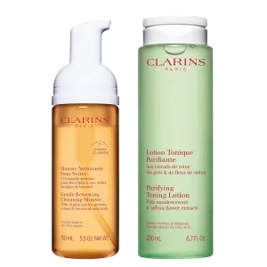 Clarins Gentle Renewing Foaming Mousse and Purifying Toning Lotion Bundle | Alcohol-Free Toner for Combination or Oily Skin | Foaming Cleansing Mousse for All Skin Types
