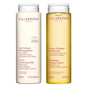 Clarins Velvet Cleansing Milk and Hydrating Toning Lotion Bundle | Cleanse, Hydrate and Balance Skin's Microbiota | Alcohol-Free Toner for Normal to Dry Skin | Makeup Remover for All Skin Types