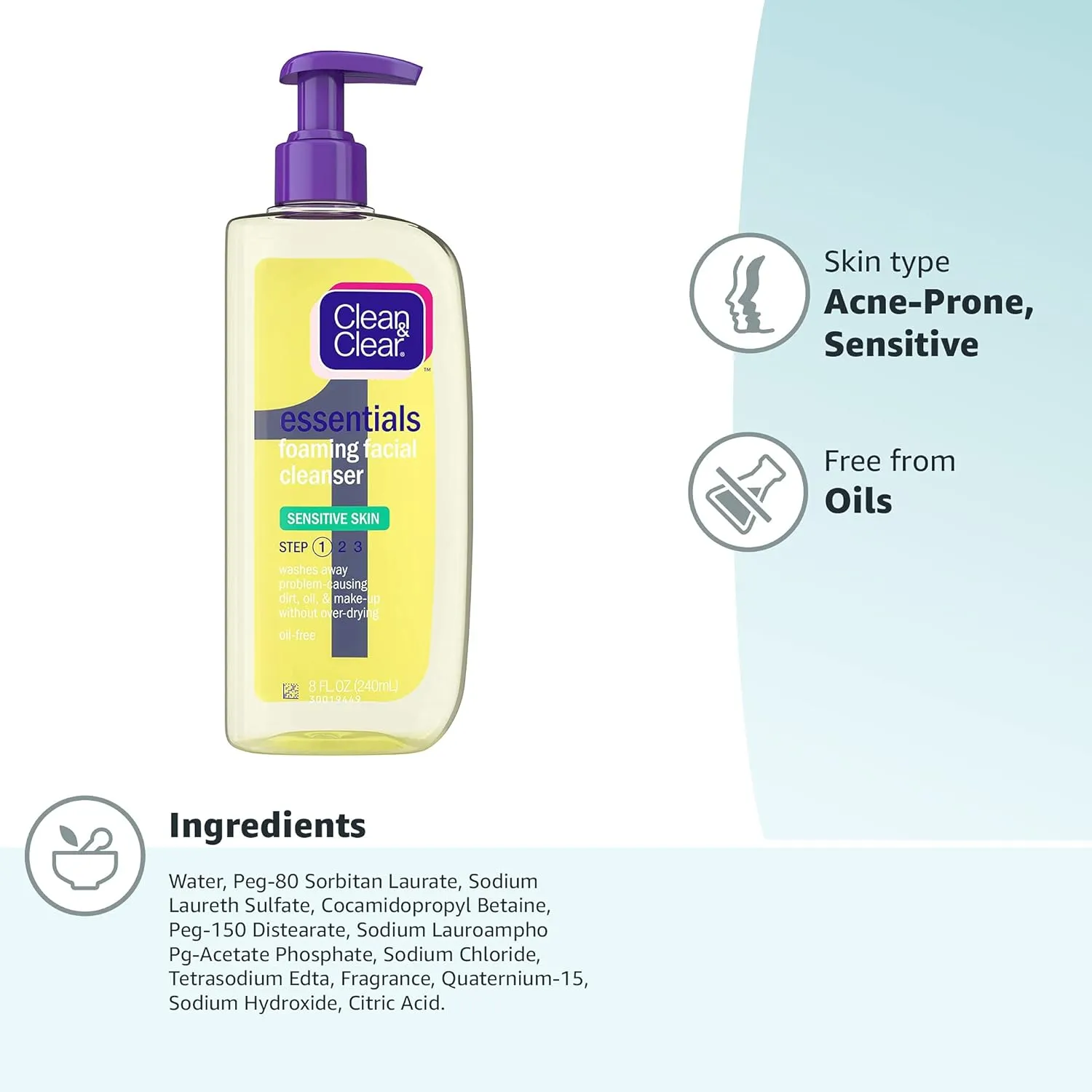 Clean & Clear Essentials Foaming Facial Cleanser for Sensitive Skin, Oil-Free Daily Face Wash to Remove Dirt, Oil & Makeup, 8 fl. oz
