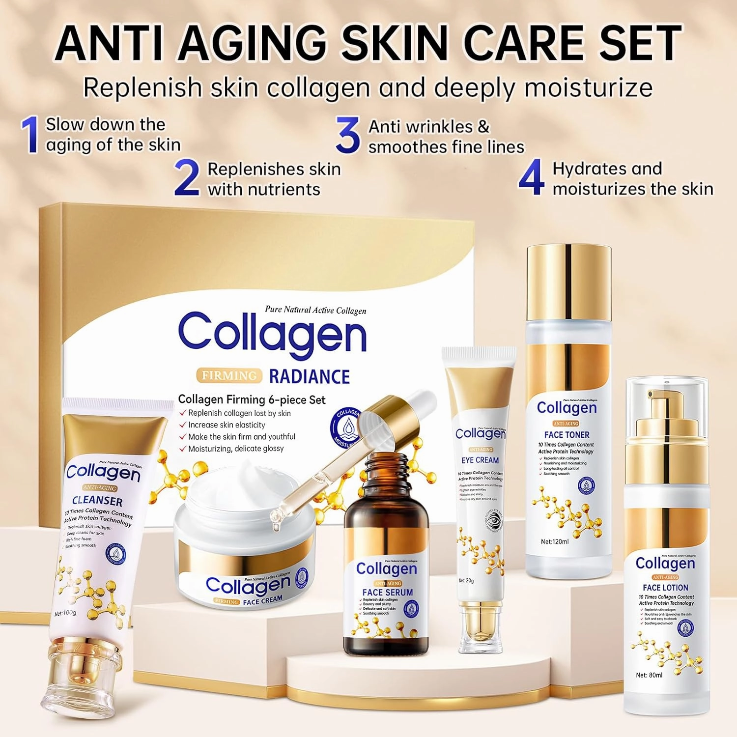 Collagen Skin Care Set, Anti Aging Skincare Gift Set for Wrinkles & Fine Lines, Shrink Pores, Hydrate & Firm Skin, 6 Pcs Skincare Kits for Women with Cleanser, Toner, Lotion, Serum, Cream, Eye Cream.