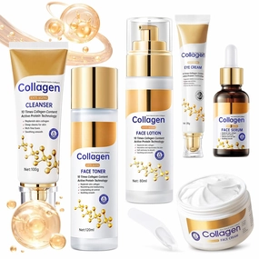 Collagen Skin Care Set, Anti Aging Skincare Set for Face, Shrink Pores, Hydrate & Firm Skin, 6 Pcs Individually Packaged Skincare Kits for Women with Cleanser, Toner, Lotion, Serum, Cream, Eye Cream.