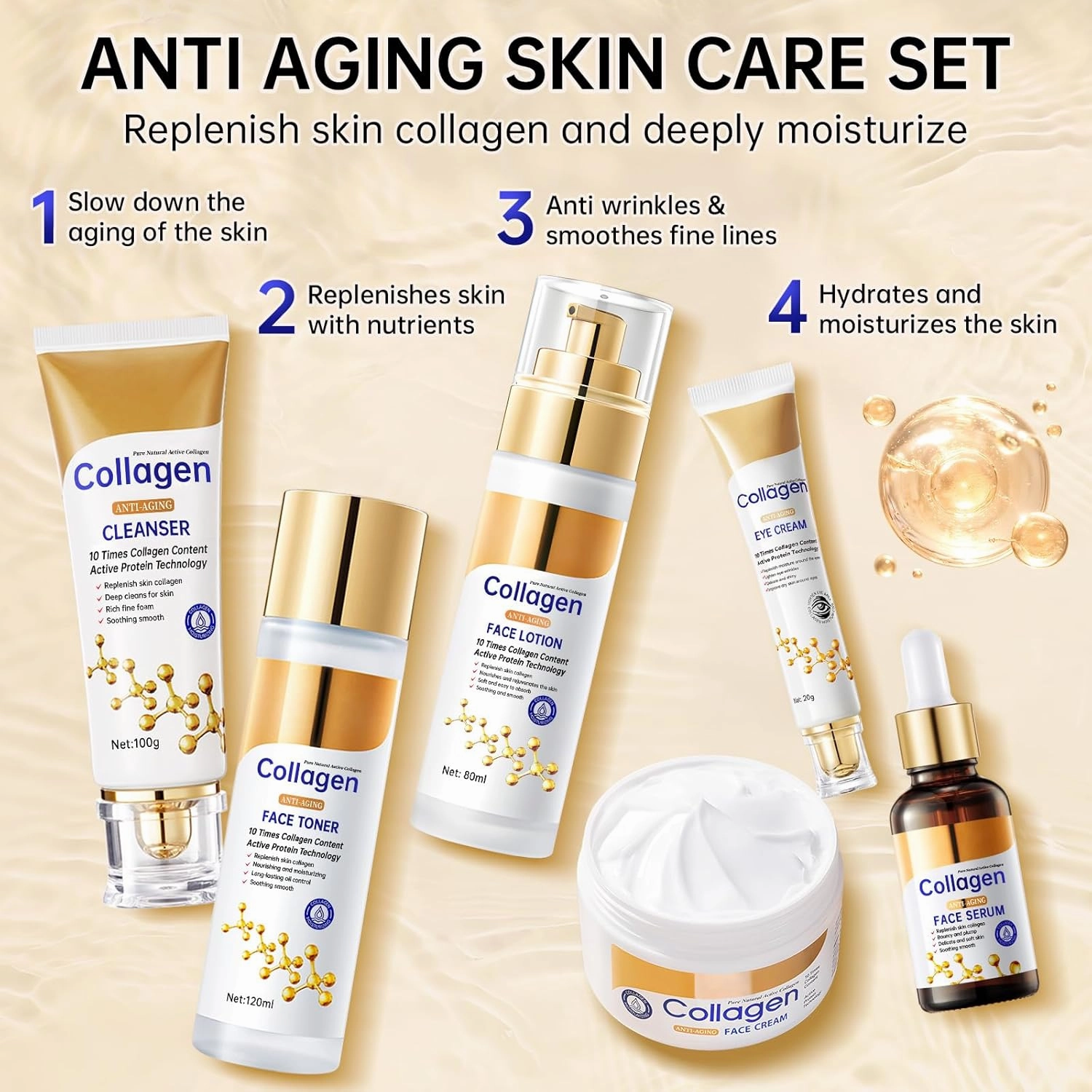 Collagen Skin Care Set, Anti Aging Skincare Set for Face, Shrink Pores, Hydrate & Firm Skin, 6 Pcs Individually Packaged Skincare Kits for Women with Cleanser, Toner, Lotion, Serum, Cream, Eye Cream.