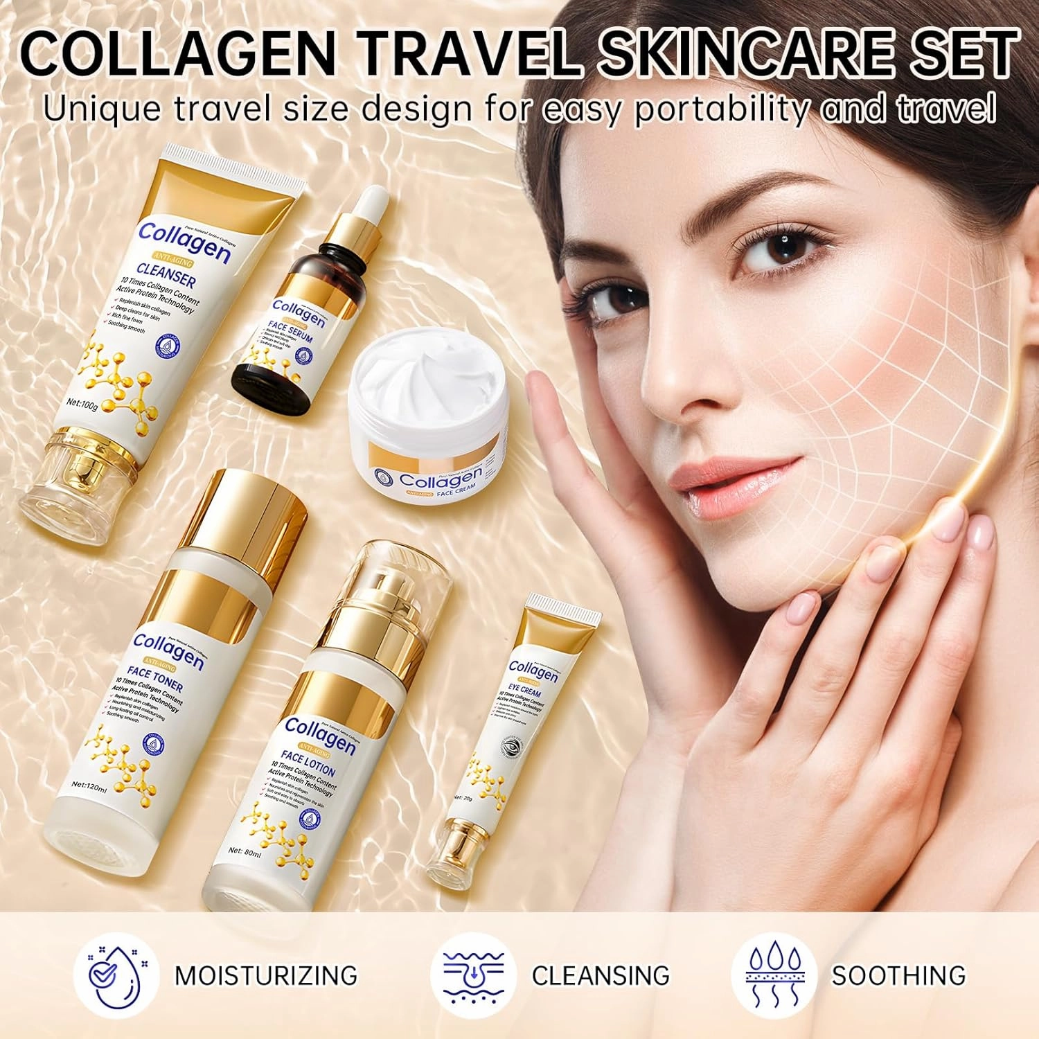Collagen Skin Care Set, Anti Aging Skincare Set for Face, Shrink Pores, Hydrate & Firm Skin, 6 Pcs Individually Packaged Skincare Kits for Women with Cleanser, Toner, Lotion, Serum, Cream, Eye Cream.