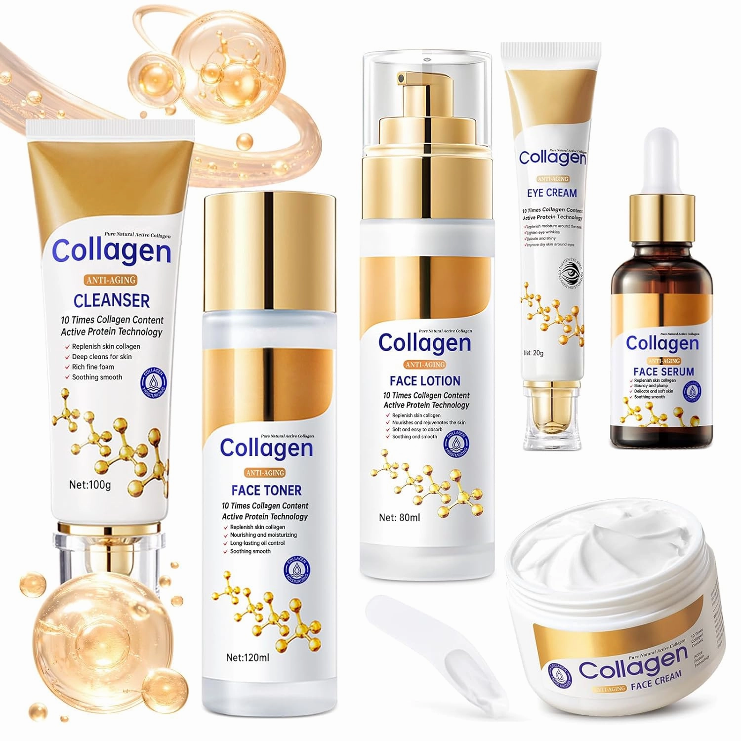 Collagen Skin Care Set, Anti Aging Skincare Set for Face, Shrink Pores, Hydrate & Firm Skin, 6 Pcs Individually Packaged Skincare Kits for Women with Cleanser, Toner, Lotion, Serum, Cream, Eye Cream.