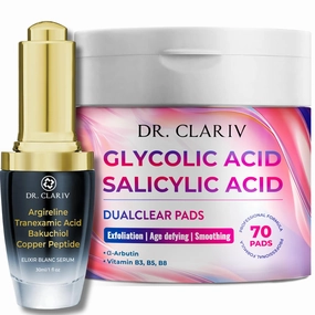 Combo Skincare For Face – Glycolic & Salicylic Acid Exfoliating Pads   Argireline Bakuchiol Serum – Pore Minimizer, Anti-Aging, Radiance Booster- DR.CLARIV – 70 Pads   1 Fl Oz