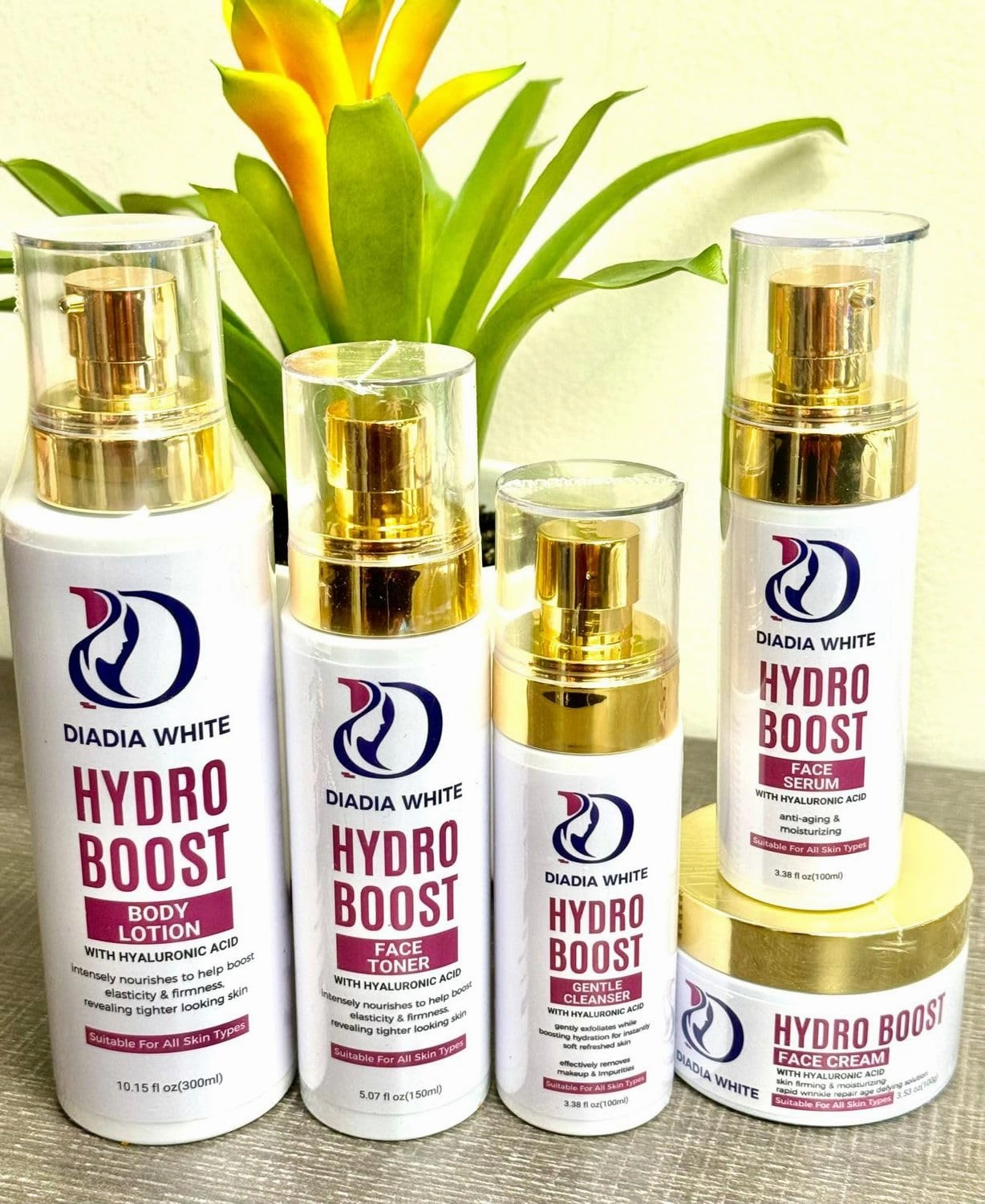 Cosmetics Hydro Boost Age-Defying Set, Hyaluronic Acid Skincare Set, Age-Preventing Face Cream, Moisturizing Serum, Gentle Cleanser Body Lotion, Face Toner for Women, 5-in-1