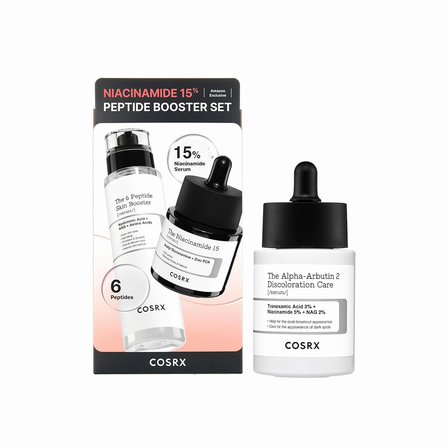 COSRX Niacinamide 15% Peptide Booster Set   2% Alpha Arbutin Discoloration Care Serum