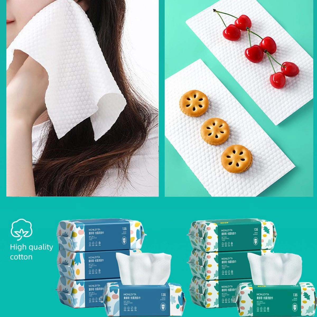 Cotton Disposable Face Towel，Extractable Face Towel，Extra Thick Soft Clean Facial Towels for Sensitive Skin (Bule,50 Count (Pack of 4))