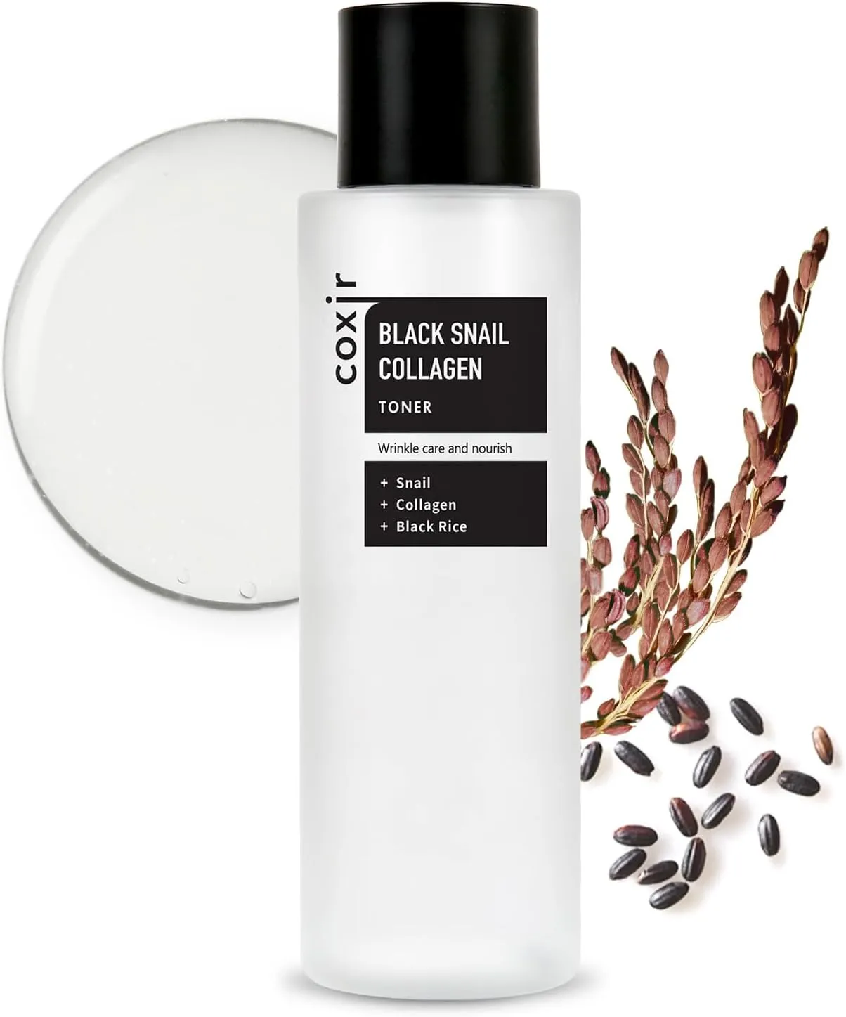 coxir Black Snail Collagen Toner l Essence Toner for Pluming, Moisturizing l Black-3-Complex: Black Rice, Bean, Sesame, Snail Mucin, Collagen l Korean Skin Care, Fragrance-Free [150ml /5.07 fl.oz]