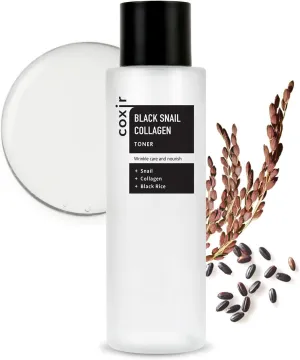 coxir Black Snail Collagen Toner l Essence Toner for Pluming, Moisturizing l Black-3-Complex: Black Rice, Bean, Sesame, Snail Mucin, Collagen l Korean Skin Care, Fragrance-Free [150ml /5.07 fl.oz]
