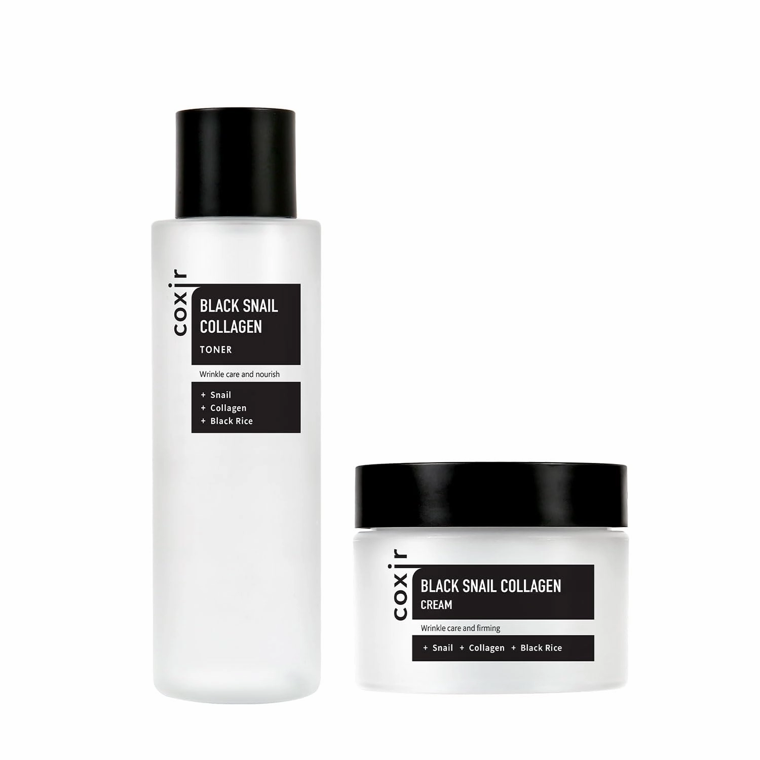 coxir BLACK SNAIL COLLAGEN TONER 5.07 fl.oz   CREAM 1.69 fl.oz l Snail Mucin, Black Rice, Collagen l Korean Skincare, Firming, Fine Lines