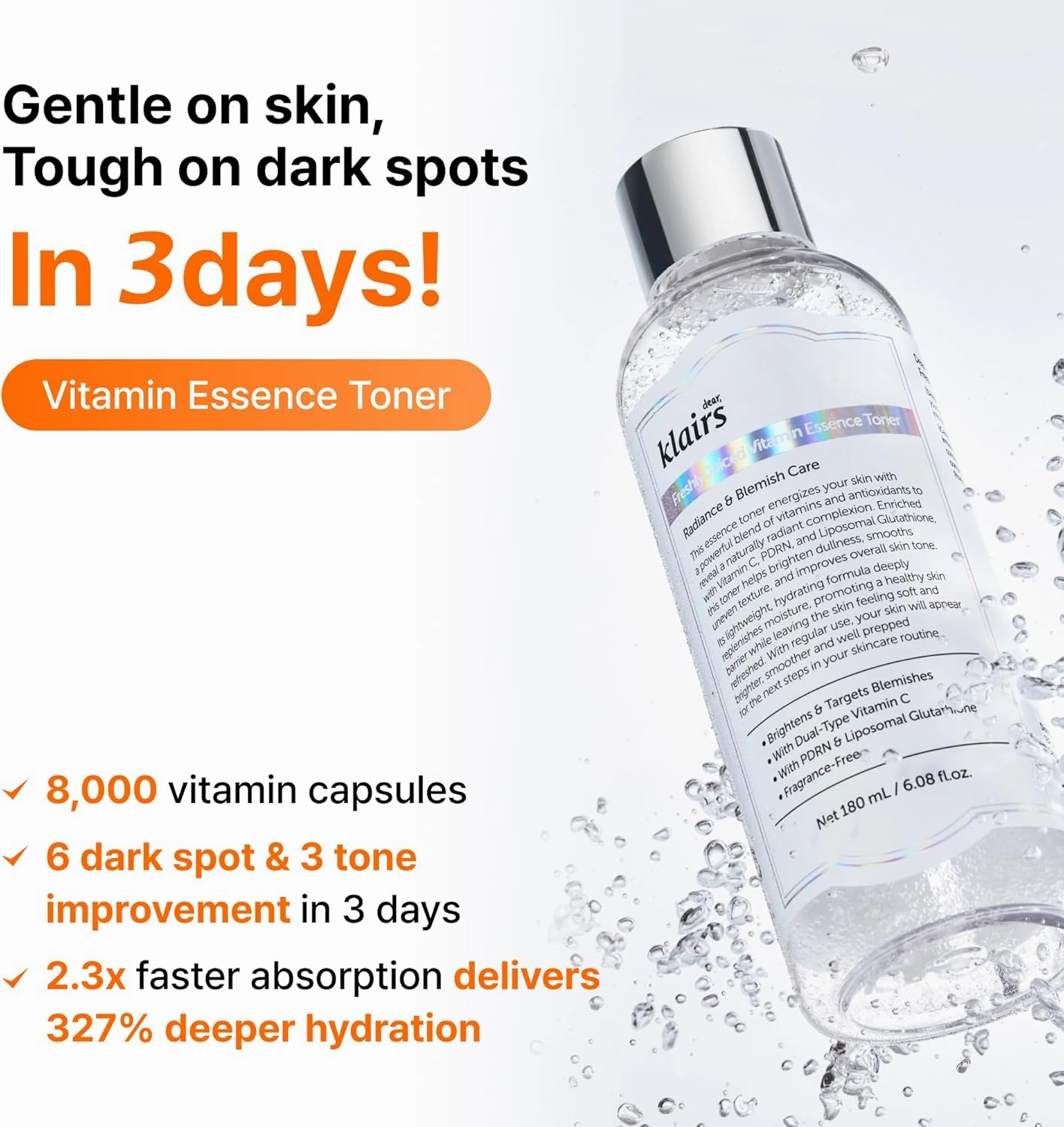 Dear Klairs Freshly Juiced Vitamin C Toner, Vegan PDRN Essence, Liposomal Glutathione, Niacinamide, 8000 Vitamin C Capusules, Fragrance Free (6.08 fl.oz (Pack of 1))