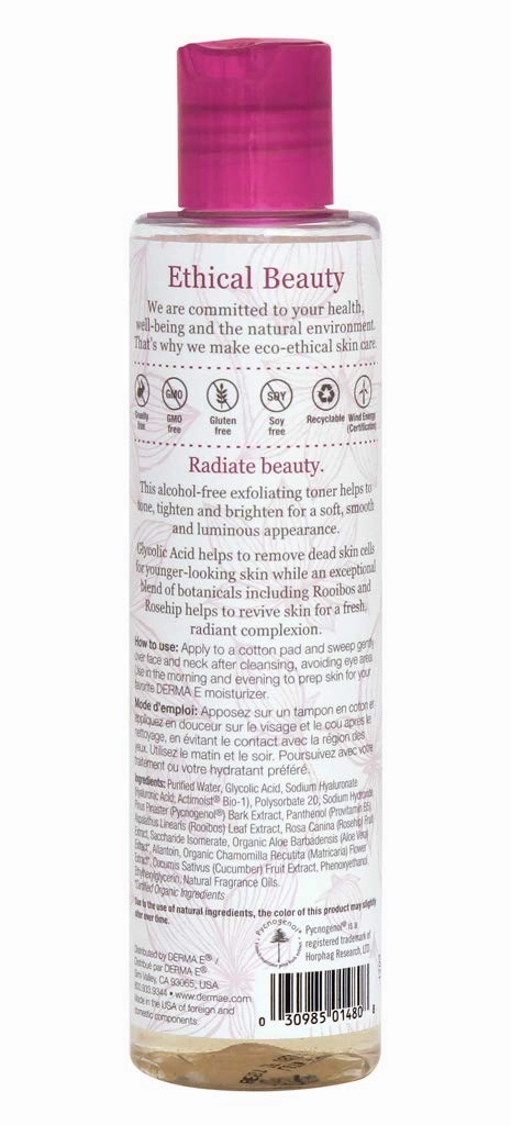 DERMA E Radiance Toner – Facial Toner with Glycolic Acid and Rooibos – Brightening and Exfoliating Toning Solution Refreshes and Purifies Skin, 6 oz (Pack of 2)