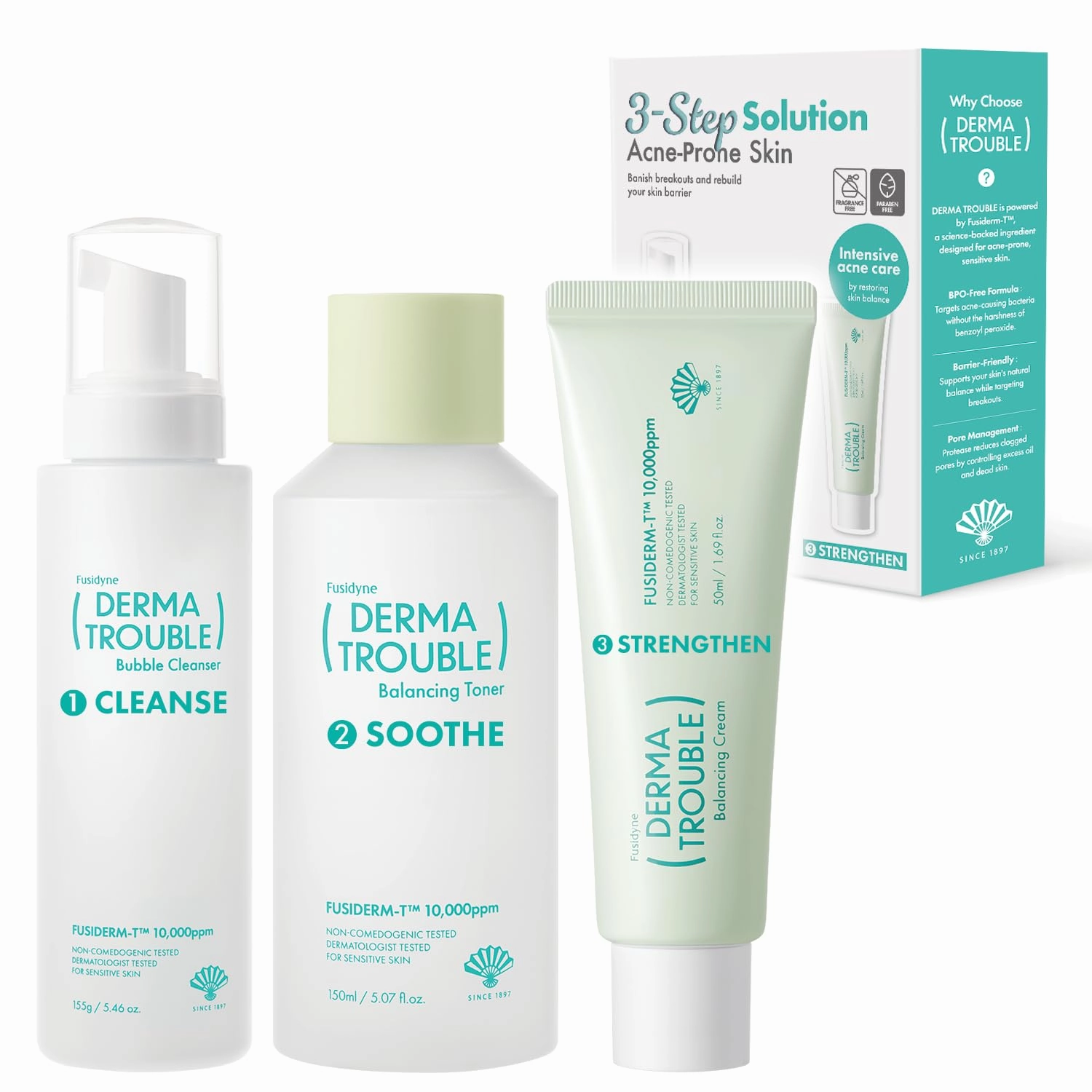 Derma Trouble 3-Step Acne Kit - Korean Skin Care Routine for Clogged Pores & Sensitive Skin, Gentle pH-Balanced Cleanser, Toner & Cream, Non-Irritating Formula. Anti-Sebum Complex, Fusiderm-T