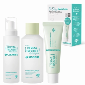 Derma Trouble 3-Step Acne Kit - Korean Skin Care Routine for Clogged Pores & Sensitive Skin, Gentle pH-Balanced Cleanser, Toner & Cream, Non-Irritating Formula. Anti-Sebum Complex, Fusiderm-T